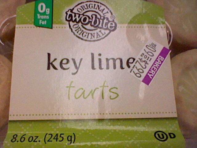 a food packaging that reads as key lime tarts but the font used makes the letters t in the words tarts seem like an f instead.