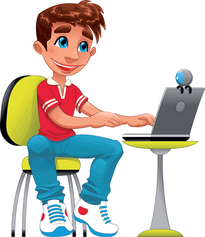 An icon of a student sitting on a chair and in front a desk with a computer typing.