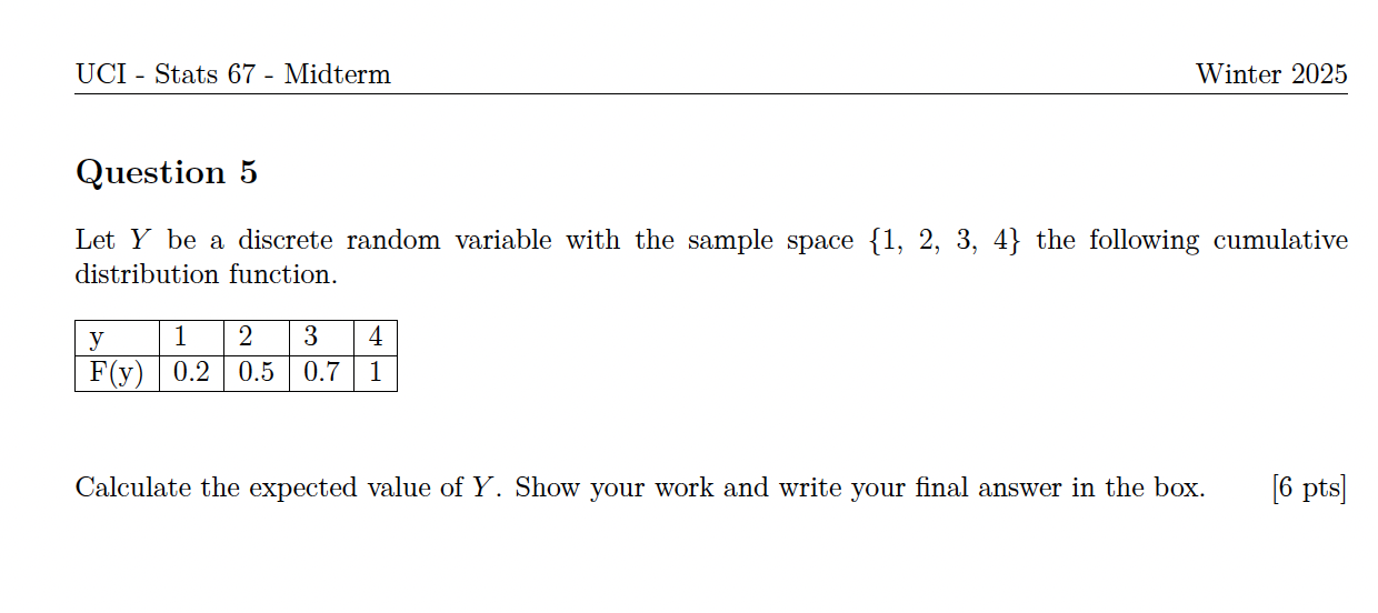 Screenshot of a PDF containing midterm exam question example for Stats 67 at UCI.