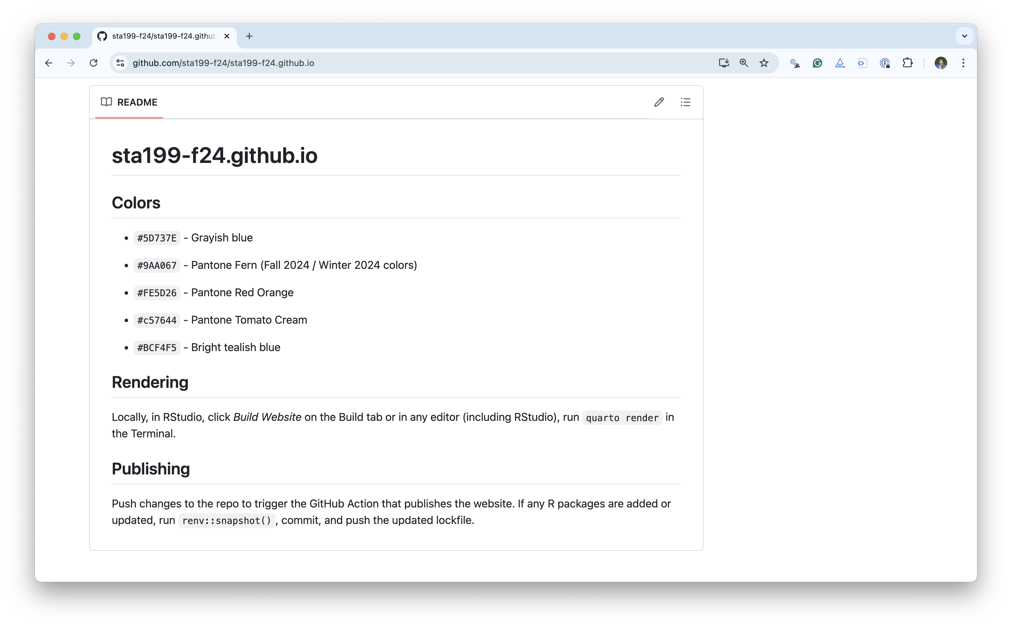 README in the GitHub repo for the course website for STA 199 - Fall 2024 that shows the color choices, instructions for rendering and publishing.