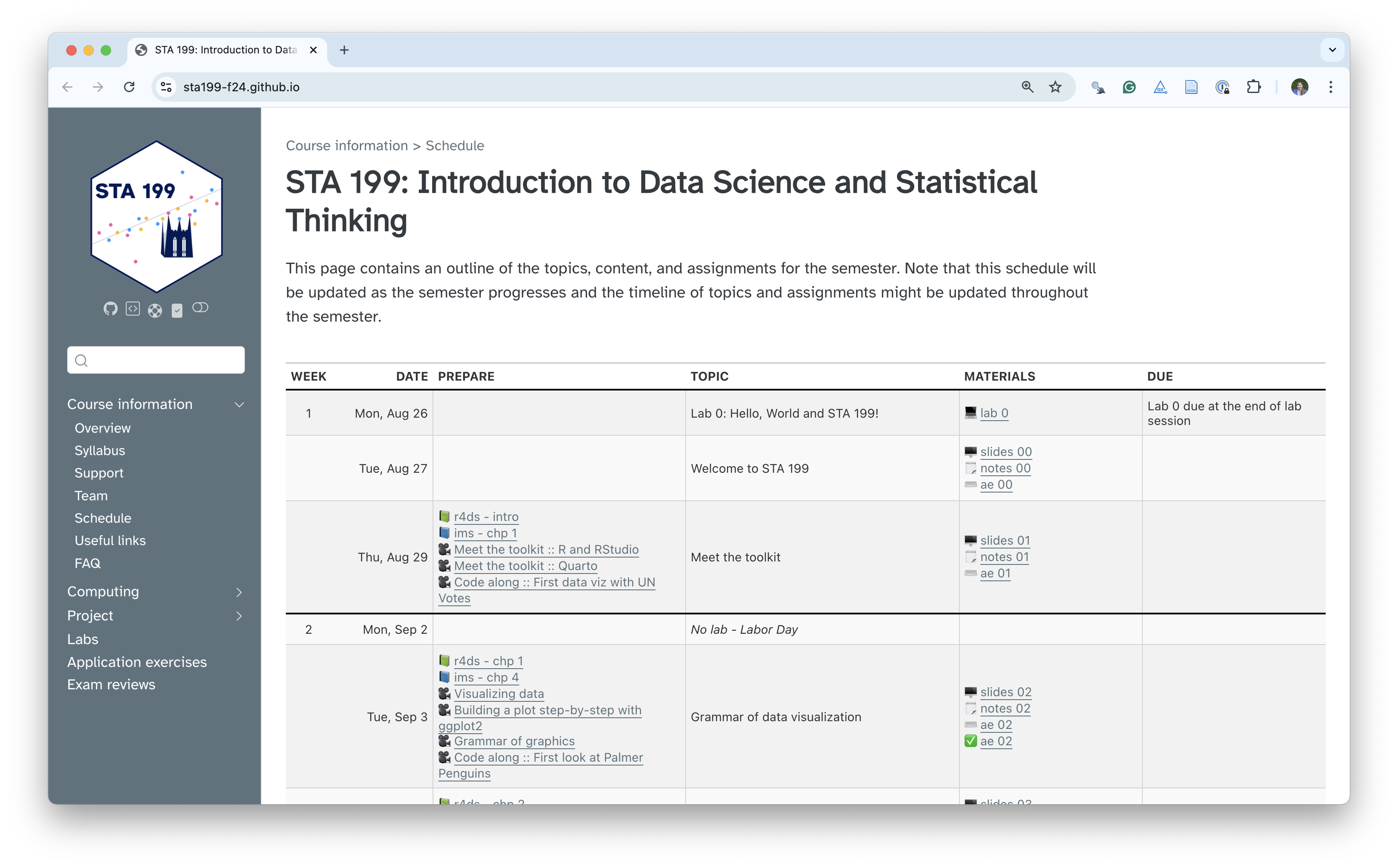 Course website for STA 199 - Fall 2024 Introduction to Data Science and Statistical Thinking that shows a navigation bar on the left with the course hex logo and the schedule of the course on the right.