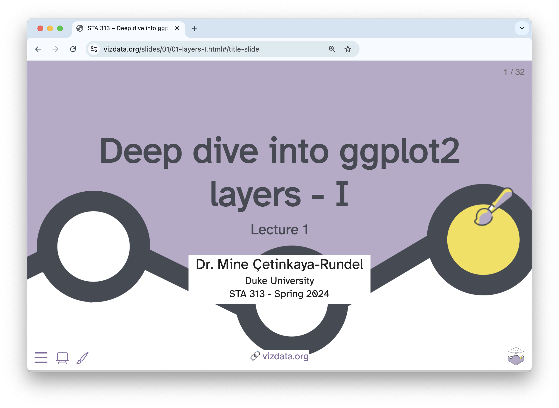 Screenshot of Lecture 1 slides on a deep dive into ggplot2 layers from STA 313 - Spring 2024 by Mine Çetinkaya-Rundel at Duke University.
