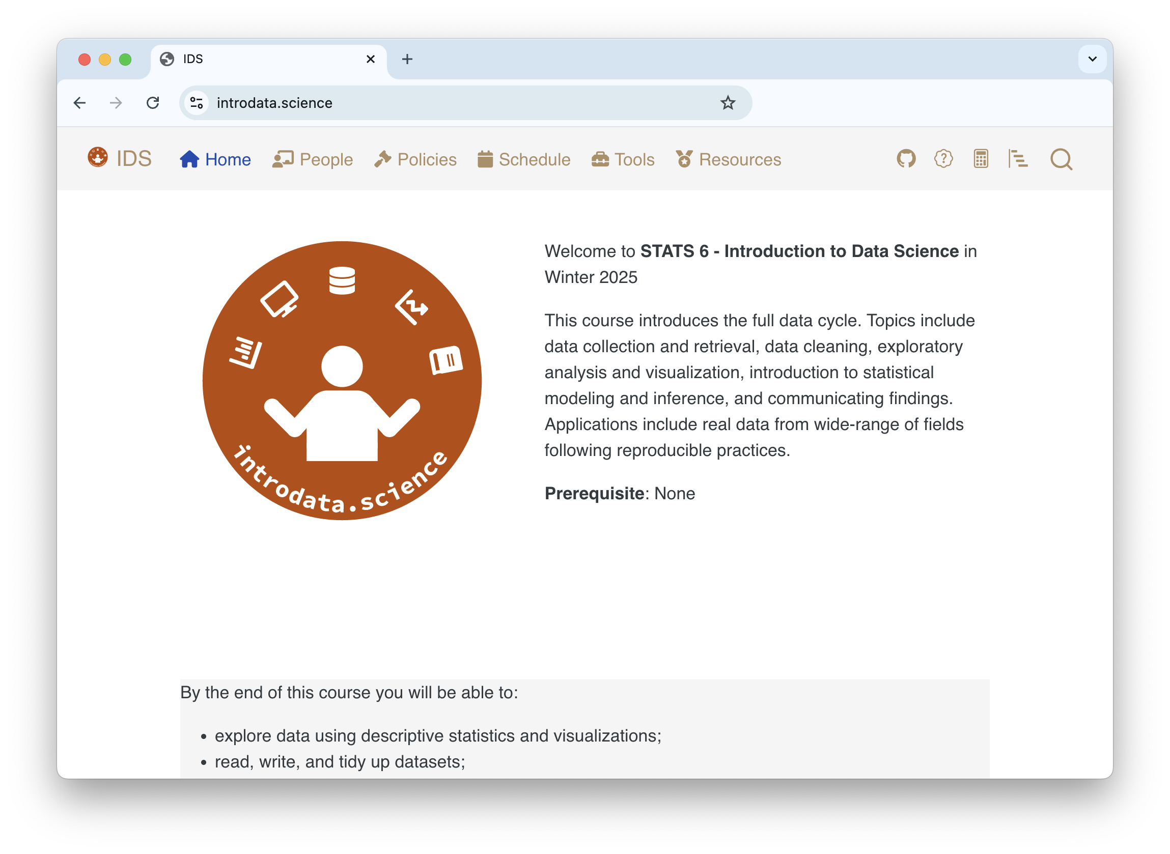 Screenshot of course website for Stats 6 - Introduction to Data Science that shows the course logo with the URL introdata.science and a brief description of the course.