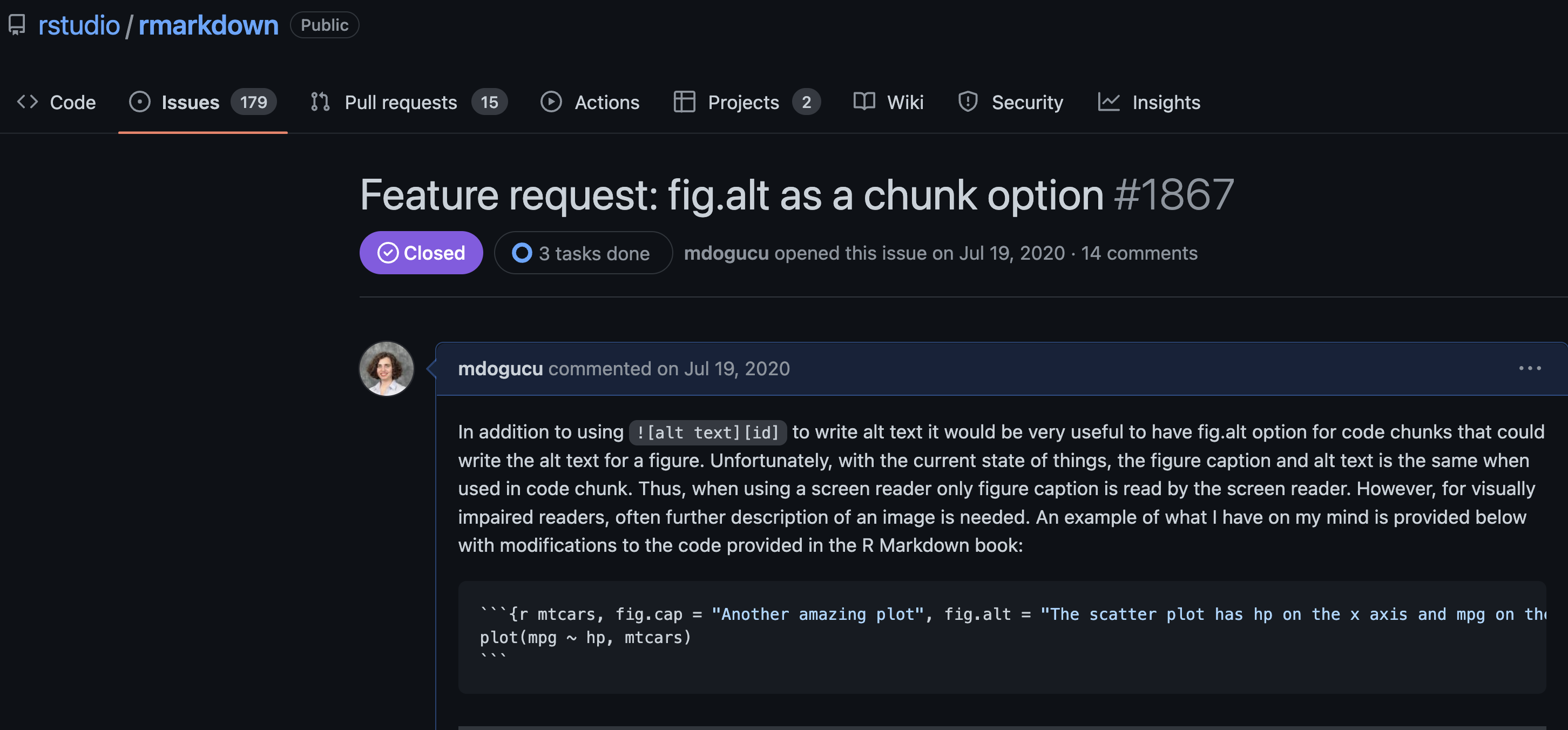 GitHub issue created on RStudio's RMarkdown repo asking for fig.alt option to be created